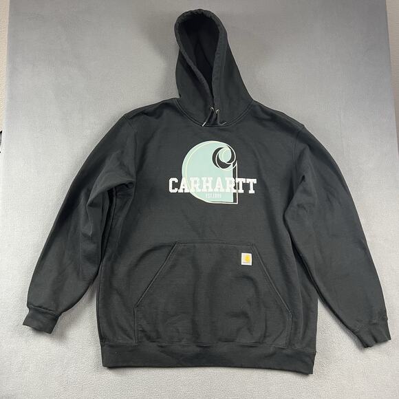 Carhartt Hoodie Mens XL Black Graphic Spell Out Logo Thrashed Workwear Chore - Picture 1 of 5